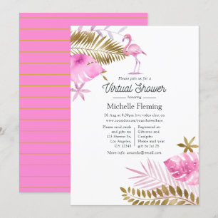 Convite Chuva de Bebê Virtual Flamingo Rosa e Dourado