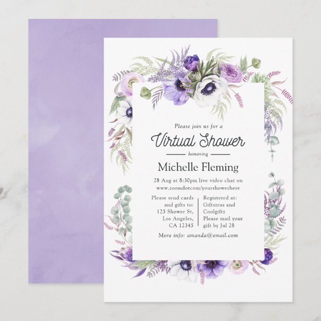 Convite Chuva de Bebê Virtual Flor de Violeta Empoeirada (Frente/Verso)