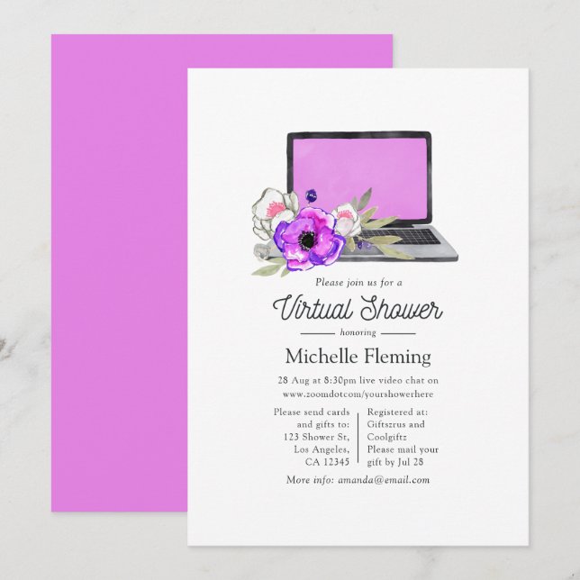 Convite Chuva de Bebê Virtual Floral em Aquarela Rosa Vibr (Frente/Verso)