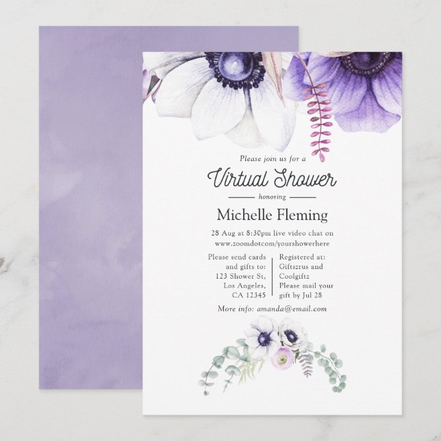 Convite Chuva de Bebê Virtual Floral Violeta Aguarela (Frente/Verso)
