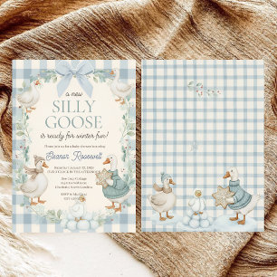 Convite Chuva de Bebê Xadrez Azul Inverno Silly Goose