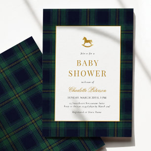 Convite Chuva de Bebê Xadrez Cavalo de Balanço Vintage