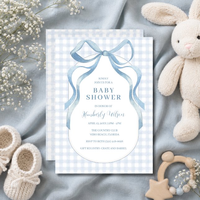 Convite Chuva de Bebê Xadrez com Laço de Fita Azul (Blue Ribbon Bow Gingham Baby Shower Invitation)