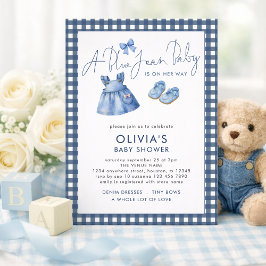 Convite Chuva de Bebê Xadrez Menina de Denim Azul Jean