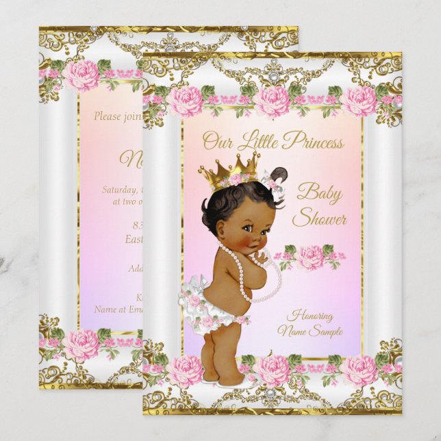 Convite Chuva de Benção da Princesa Rosa Dourado Branco Ét (Frente/Verso)