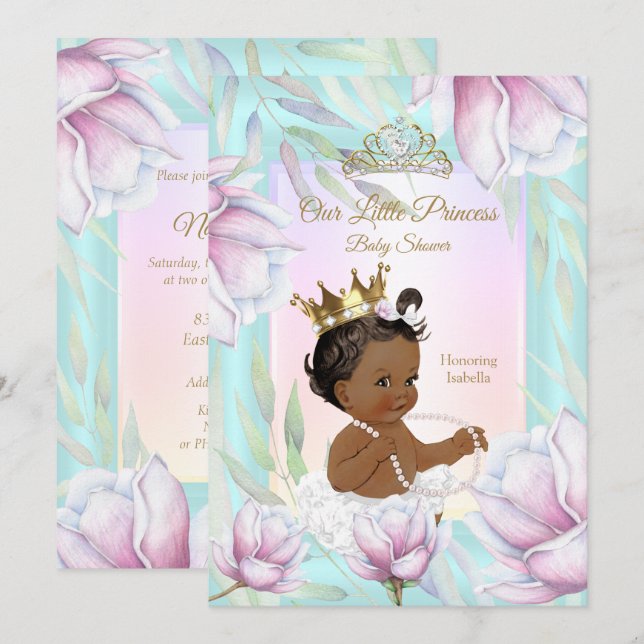 Convite Chuva de Benção da Princesa Tons de Teal Rosa Lilá (Frente/Verso)