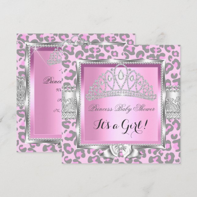 Convite Chuva de Benção de Princesa Menina Rosa Cinza Leop (Frente/Verso)