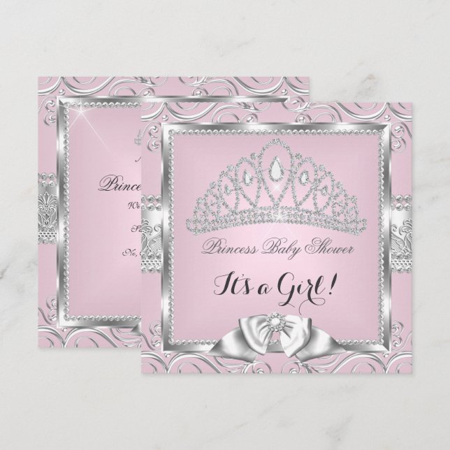 Convite Chuva de Benção de Princesa Menina Rosa Prata dama (Frente/Verso)