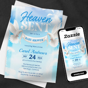 Convite Chuva de Bênçãos Azul e Branco para Baby Shower