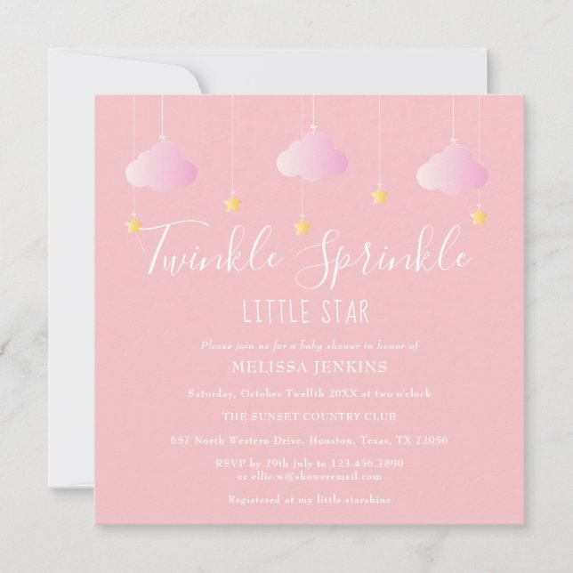 Convite Chuva de Bênçãos Bebê Estrela Brilhante Rosa (Frente)