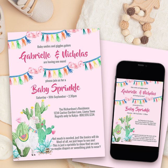 Convite Chuva de Bênçãos Bebê Rosa Llama Chá de Bebê (Cute llama and fiesta themed girls baby sprinkle invitation)