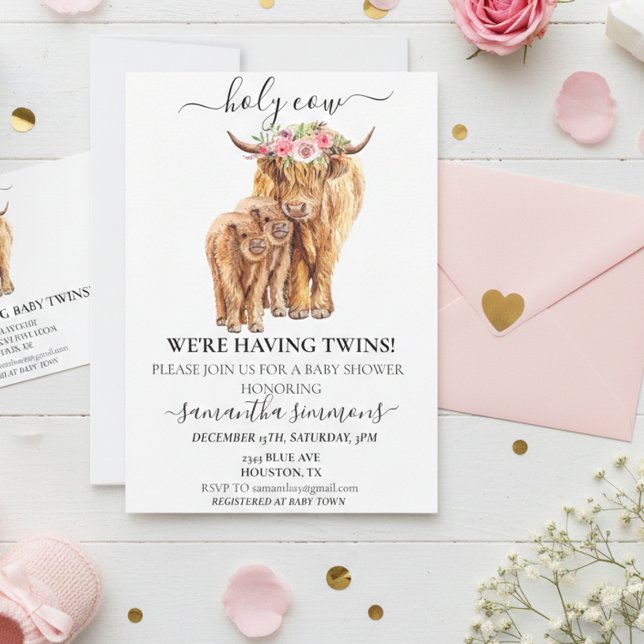 Convite Chuva de Bênçãos Bebê Vaca de Highland Gêmeos Chás (Criador carregado)