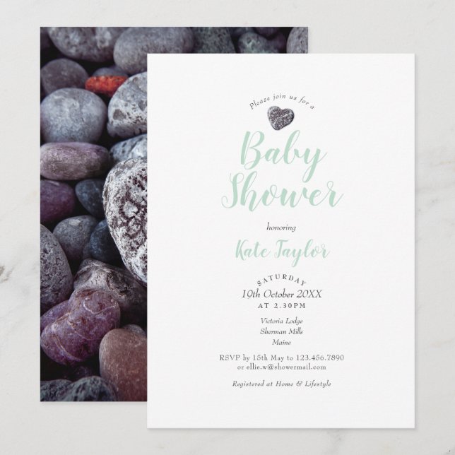 Convite Chuva de Bênçãos / Ch Shower de Bebê Pebble Heart (Frente/Verso)