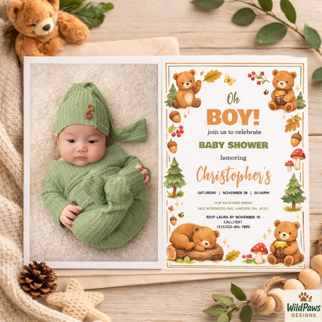 Convite Chuva de Bênçãos em Aquarela Floresta Urso Chá de  (Oh Boy Watercolor Woodland Bear Baby Shower Invitation)