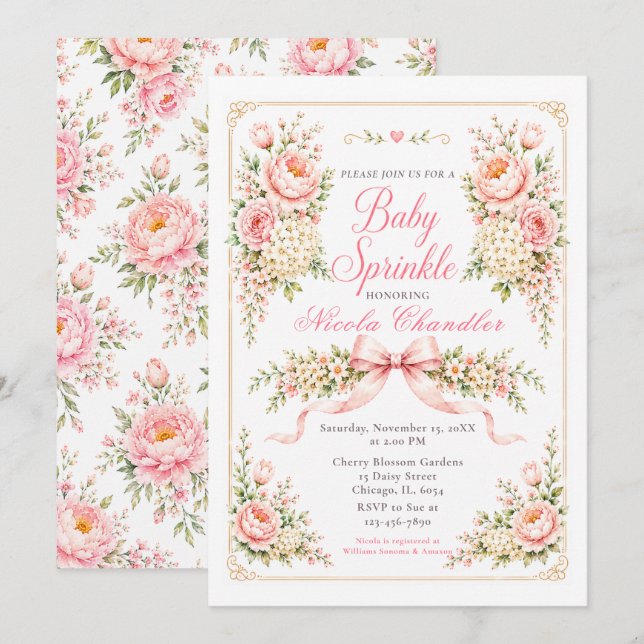 Convite Chuva de Bênçãos Floral e Laço para Bebê (Frente/Verso)