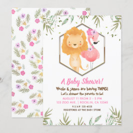 Convite Chuva de Bênçãos Infantil de Flamingo e Leão em Aq