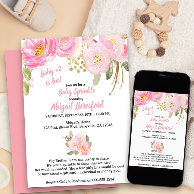Convite Chuva de Bênçãos Infantil em Aquarela Rosa e Doura (Pink floral baby sprinkle invitation for baby number two)