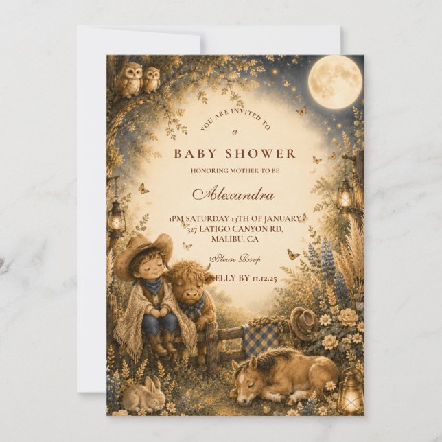 Convite Chuva de Bênçãos Infantil Ocidental Boho Menino (Frente)