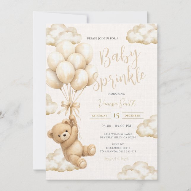 Convite Chuva de Bênçãos para Bebê com Urso Neutro (Frente)