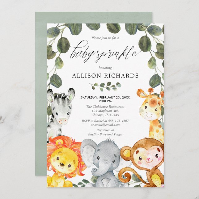 Convite Chuva de bênçãos para bebê gênero neutro animais f (Frente/Verso)
