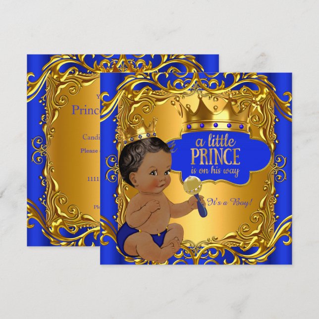 Convite Chuva de Bênçãos para o Bebê Príncipe Azul Ouro Et (Frente/Verso)