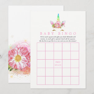 Convite Chuva de Bingo de Unicórnio Arco-íris Floral Rosa