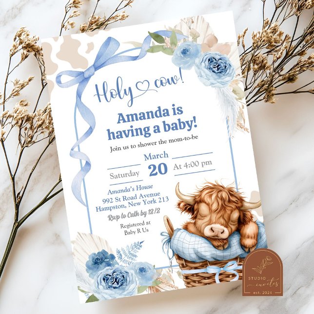 Convite Chuva de Boho Azul Vaca Highland Chuveiro de Bebê (Criador carregado)