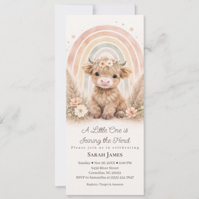 Convite Chuva de Boho Highland Cow Fino Chá de Bebê Neutro (Frente)