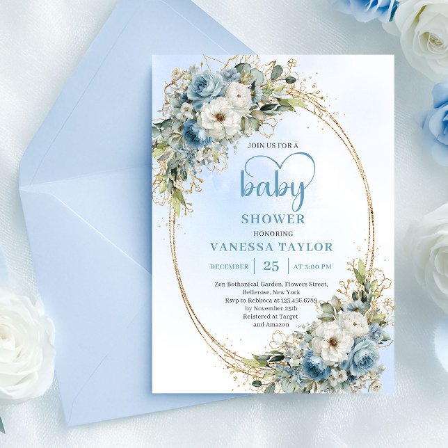 Convite Chuva de Boho Pastel Azul Floral Eucalipto Dourado (Boho Pastel Blue Floral Eucalyptus Gold Shower Invite

)