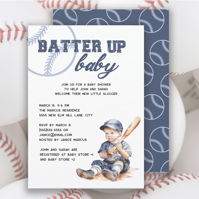 Convite Chuva de Bolas Azul Branco Chuvinha de Bebê de Bei ("Batter Up Baby" baseball baby shower invitation)