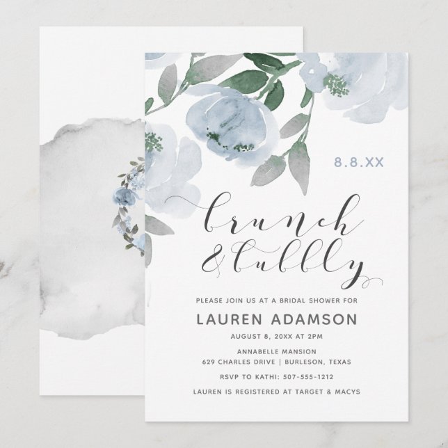 Convite Chuva de Bolhas Brunch Nupcial Aquarela Azul Empoe (Frente/Verso)