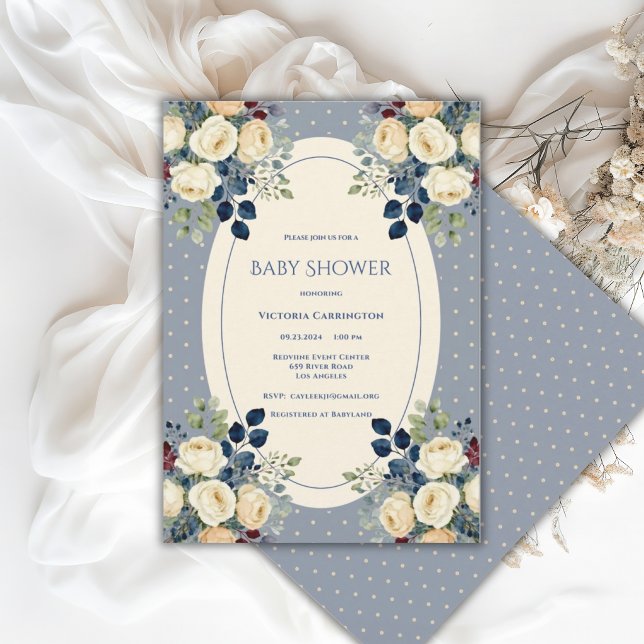 Convite Chuva de Bolinhas Azul e Creme Floral Chá de Bebê  (Criador carregado)