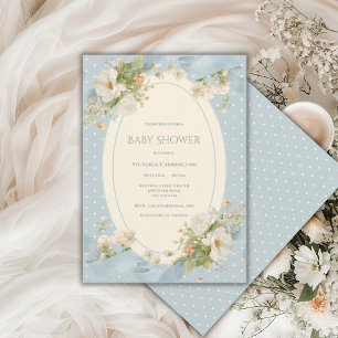 Convite Chuva de Bolinhas Florais Azul Fita Elegante Baby