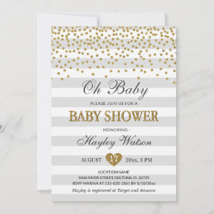 Convite Chuva de Bolinhas Neutra Cinza e Dourado Oh Baby C