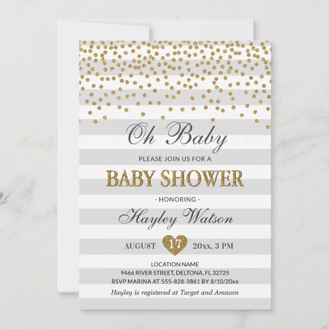 Convite Chuva de Bolinhas Neutra Cinza e Dourado Oh Baby C (Frente)