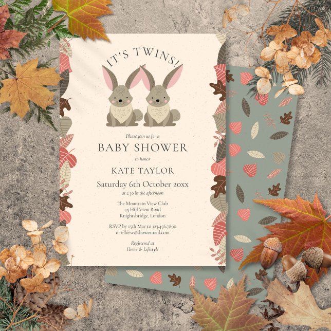 Convite Chuva de Bolinhas para Chás de Bebê de Gêmeos Anim (Its Twins Woodland Animals Baby Shower Sprinkle Invitation)