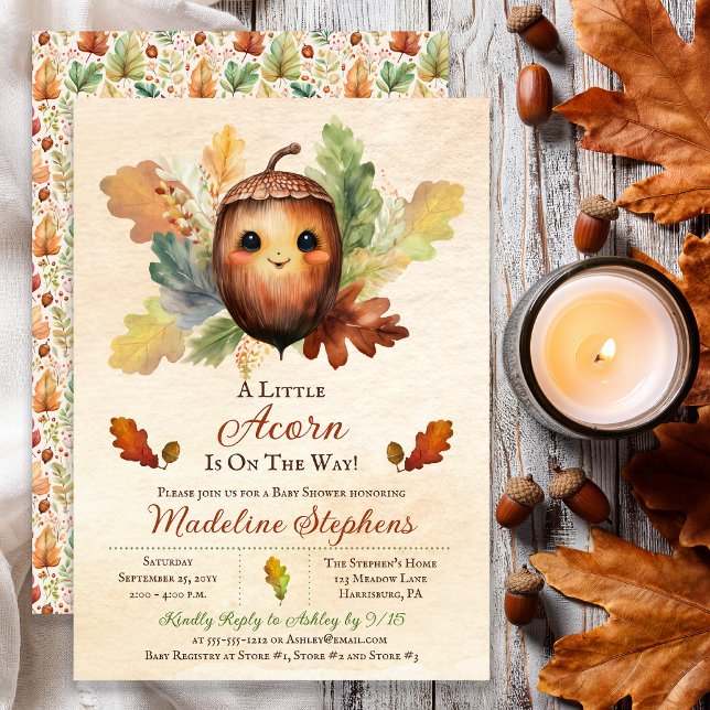 Convite Chuva de Bolota de Bebê no Outono (Whimsical watercolor acorn baby shower invitation with warm autumn woodland charm)