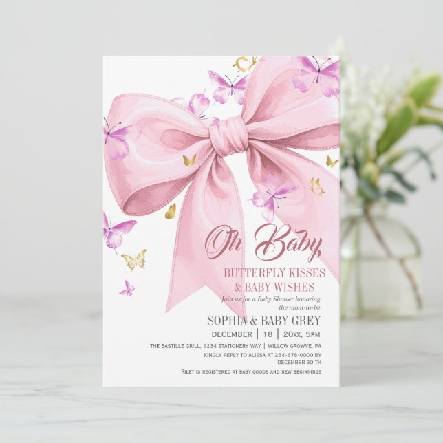 Convite Chuva de Borboleta Roxa Dourado e Rosa Baby Shower (Em pé/Frente)