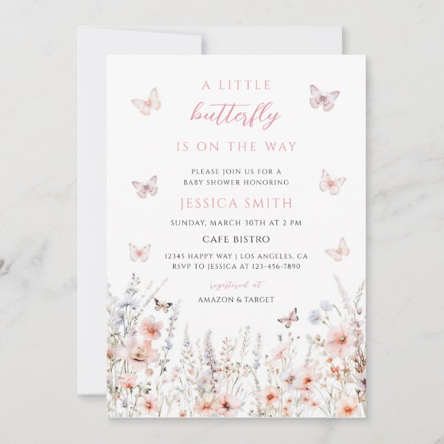 Convite Chuva de Borboletas Baby Shower de Flores Silvestr (Frente)