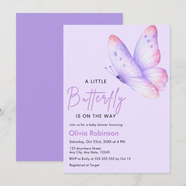 Convite Chuva de Borboletas Baby Shower Rosa e Roxo (Frente/Verso)