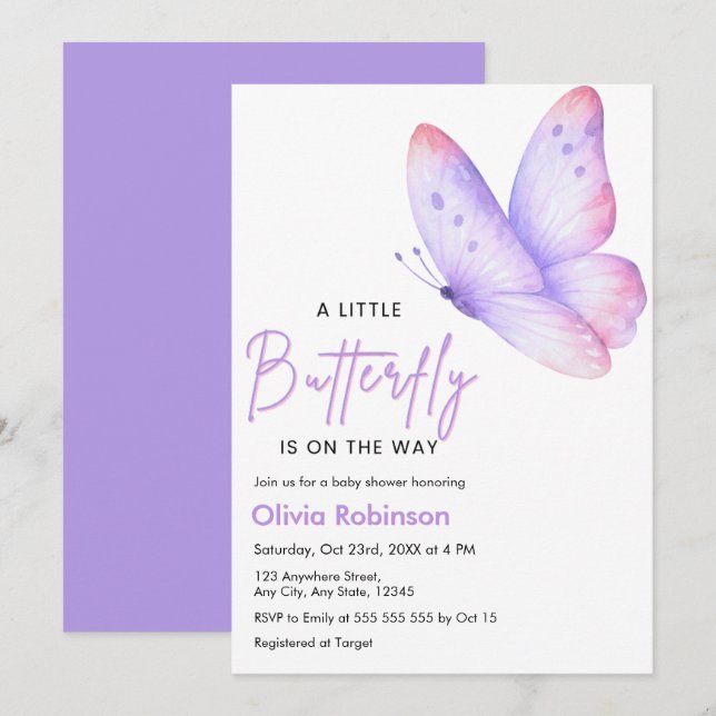 Convite Chuva de Borboletas Baby Shower Rosa e Roxo (Frente/Verso)