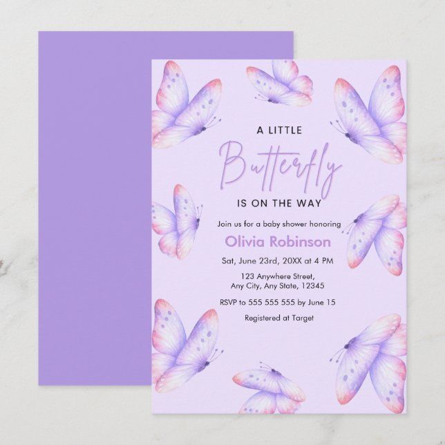 Convite Chuva de Borboletas Baby Shower Roxa (Frente/Verso)