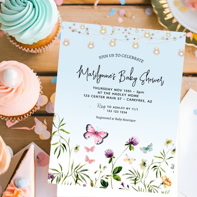 Convite Chuva de Borboletas Baby Shower Wildflower Azul (Criador carregado)