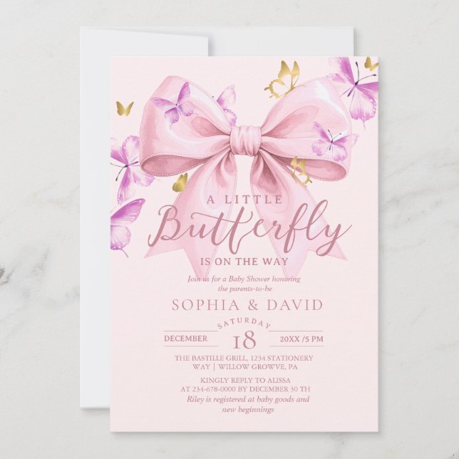 Convite Chuva de Borboletas Bebê com Laço Rosa Dourado Chã (Frente)