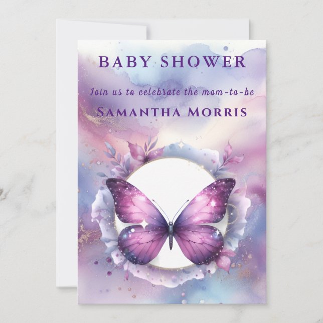 Convite Chuva de Borboletas Brilho Roxo Baby Shower (Frente)