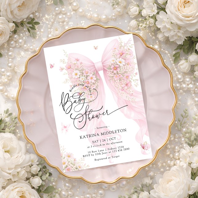 Convite Chuva de Borboletas e Laço Rosa Elegante para Chá  (Criador carregado)