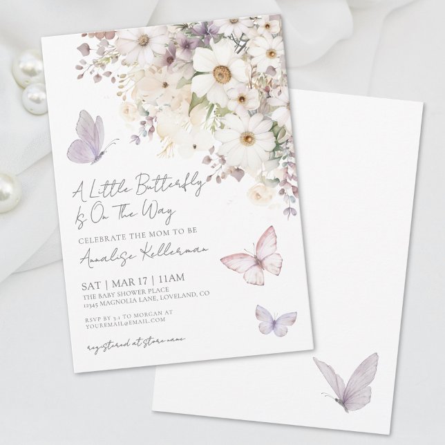 Convite Chuva de Borboletas Elegantes Festa de Bebê (Butterfly Wildflower Baby Shower Invitation)
