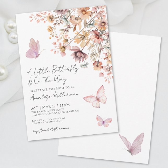Convite Chuva de Borboletas Festa de Bebê Boho (Wildflower Butterfly Baby Shower Invitation)