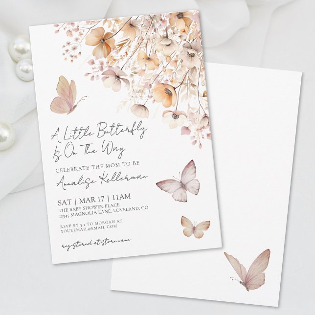 Convite Chuva de Borboletas Festa de Bebê Boho (Butterfly Wildflower Baby Shower Invitation)