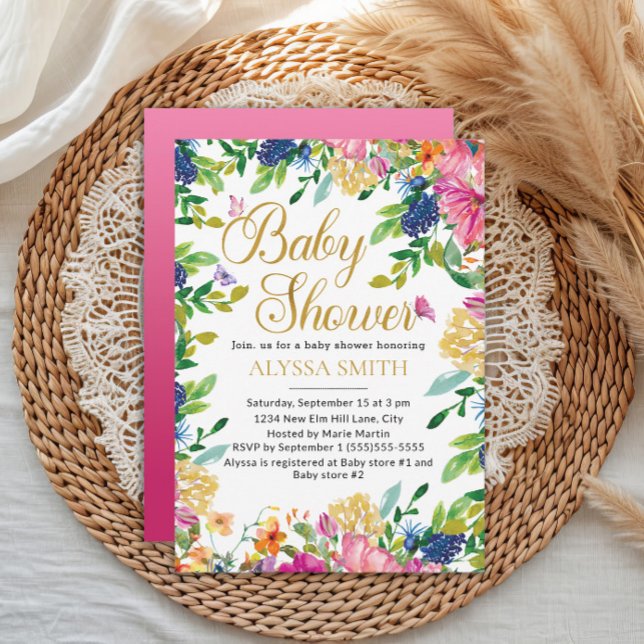 Convite Chuva de Borboletas Florais Rosa Azul Amarelo Chás (Pink, blue, and yellow watercolor floral and butterflies baby girl baby shower invitation)